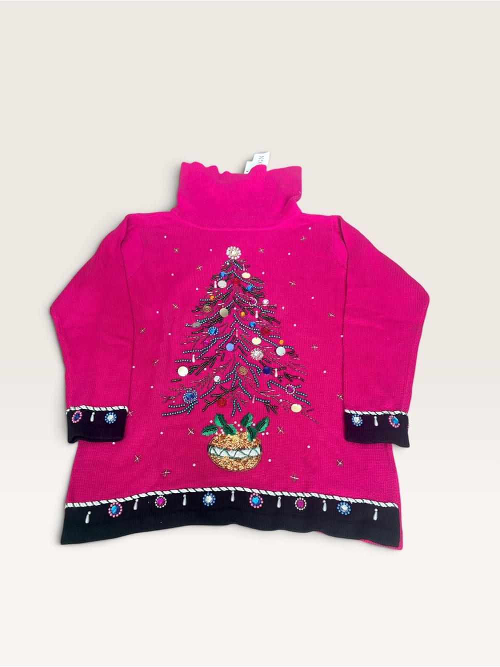 Vintage Hot Pink Holiday Knit Dress with Embellished Tree